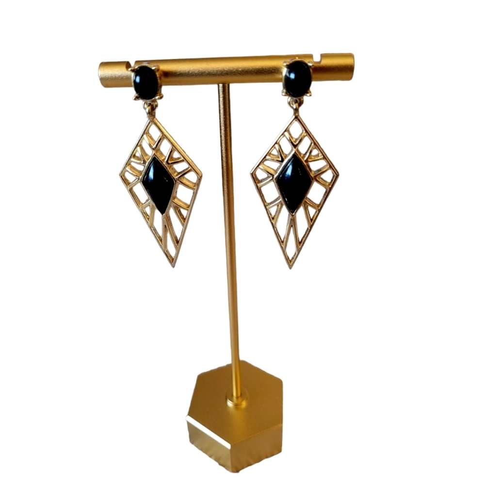 80's Dangle Earrings Art Deco Look Disco Look Diamond Design Gold Tone & Black